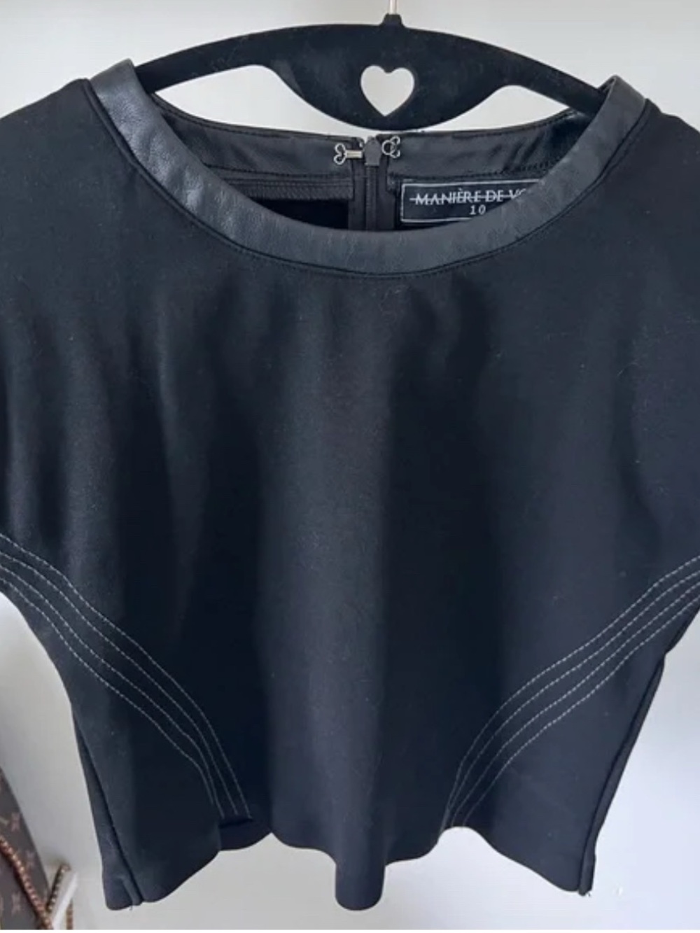 Manière De Voir Structured Black Top w/ Faux Leather Trim – Size UK 10 / US 6
